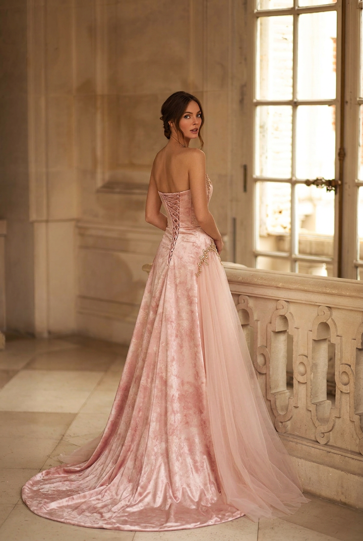 Blush Pink Velvet Evening Gown with Draped Off Shoulder Neckline and Soft Tulle Train Romantic Couture Formal Dress Plus Size