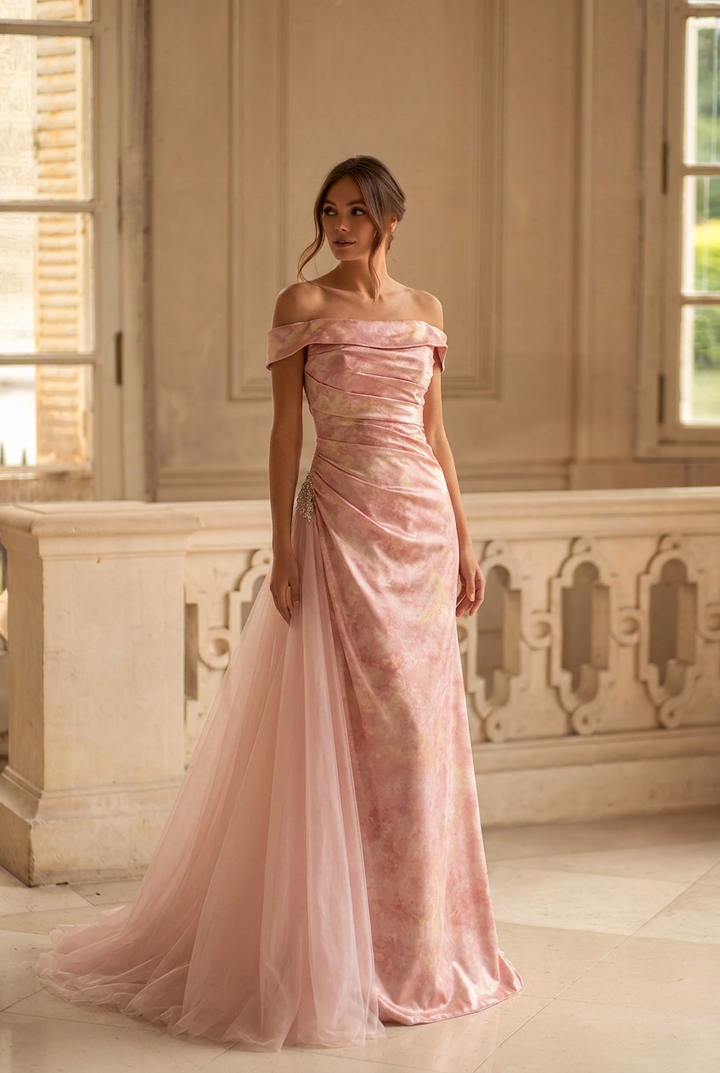 Blush Pink Velvet Evening Gown with Draped Off Shoulder Neckline and Soft Tulle Train Romantic Couture Formal Dress Plus Size