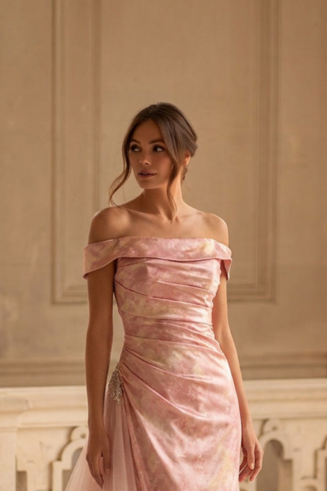 Blush Pink Velvet Evening Gown with Draped Off Shoulder Neckline and Soft Tulle Train Romantic Couture Formal Dress Plus Size