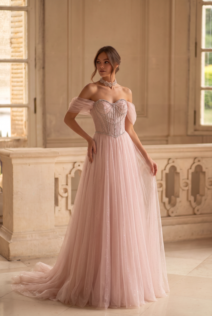 Blush Pink Glitter Tulle Evening Gown with Beaded Corset Bodice and Off-Shoulder Sleeves Romantic Princess Formal Dress Plus Size