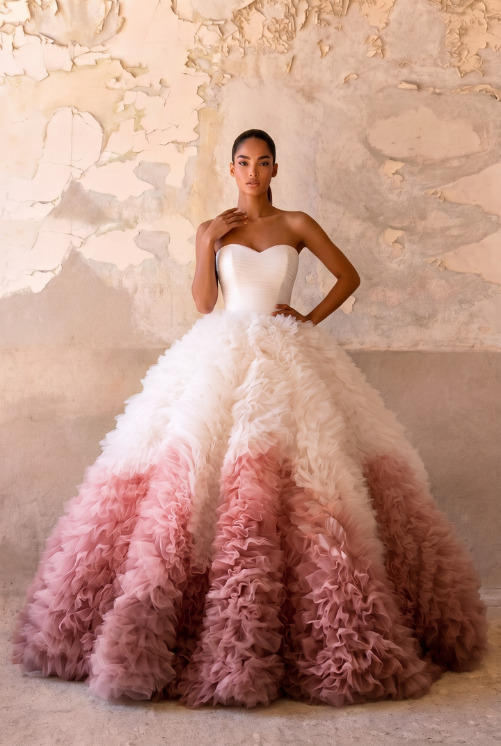 Blush Pink Ombre Ruffle Ball Gown with Strapless Corset Bodice Romantic Couture Princess Dress Fantasy Evening Gown Plus Size