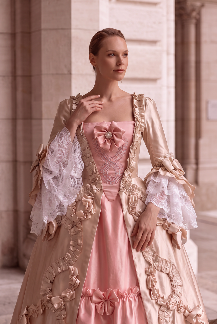 Blush Pink Rococo Fantasy Gown with Champagne Gold Accents - Baroque Court Dress Plus Size