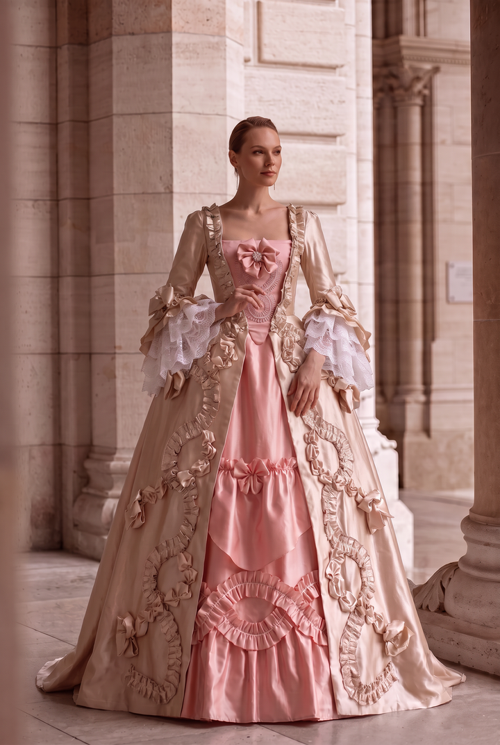 Blush Pink Rococo Fantasy Gown with Champagne Gold Accents - Baroque Court Dress Plus Size