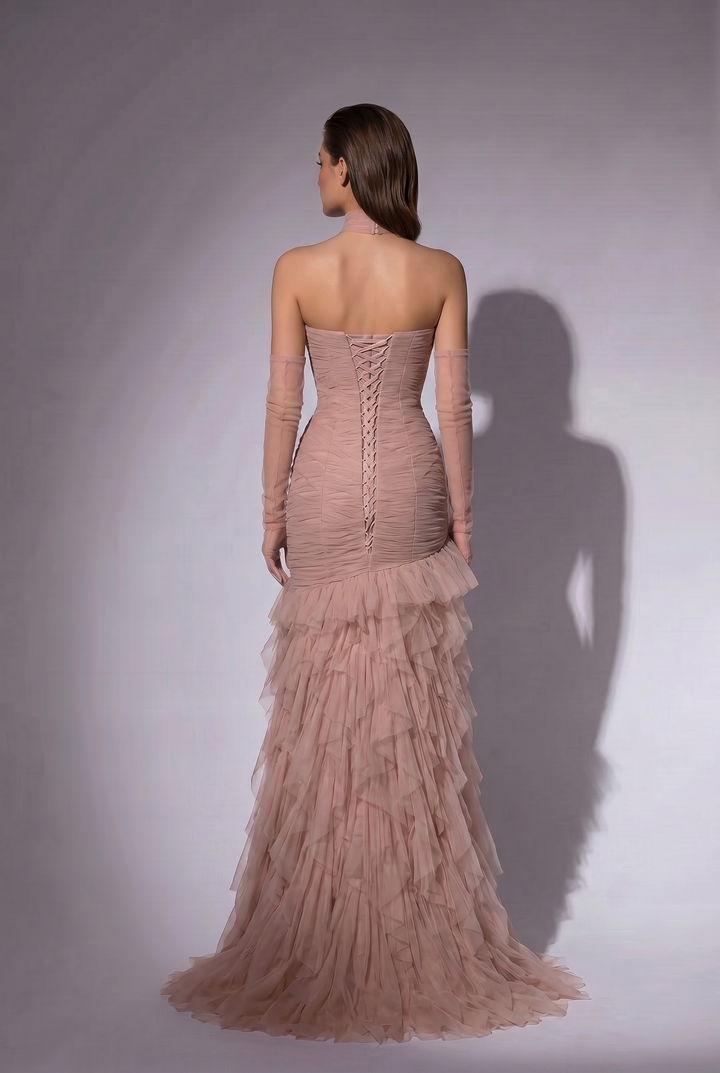 Blush Pink Ruffled Evening Gown with Corset Back - Layered Tulle Ruffle Dress - Sweetheart Neckline Dress Plus Size