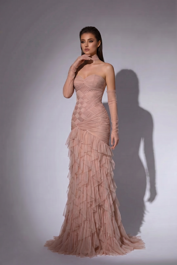 Blush Pink Ruffled Evening Gown with Corset Back - Layered Tulle Ruffle Dress - Sweetheart Neckline Dress Plus Size