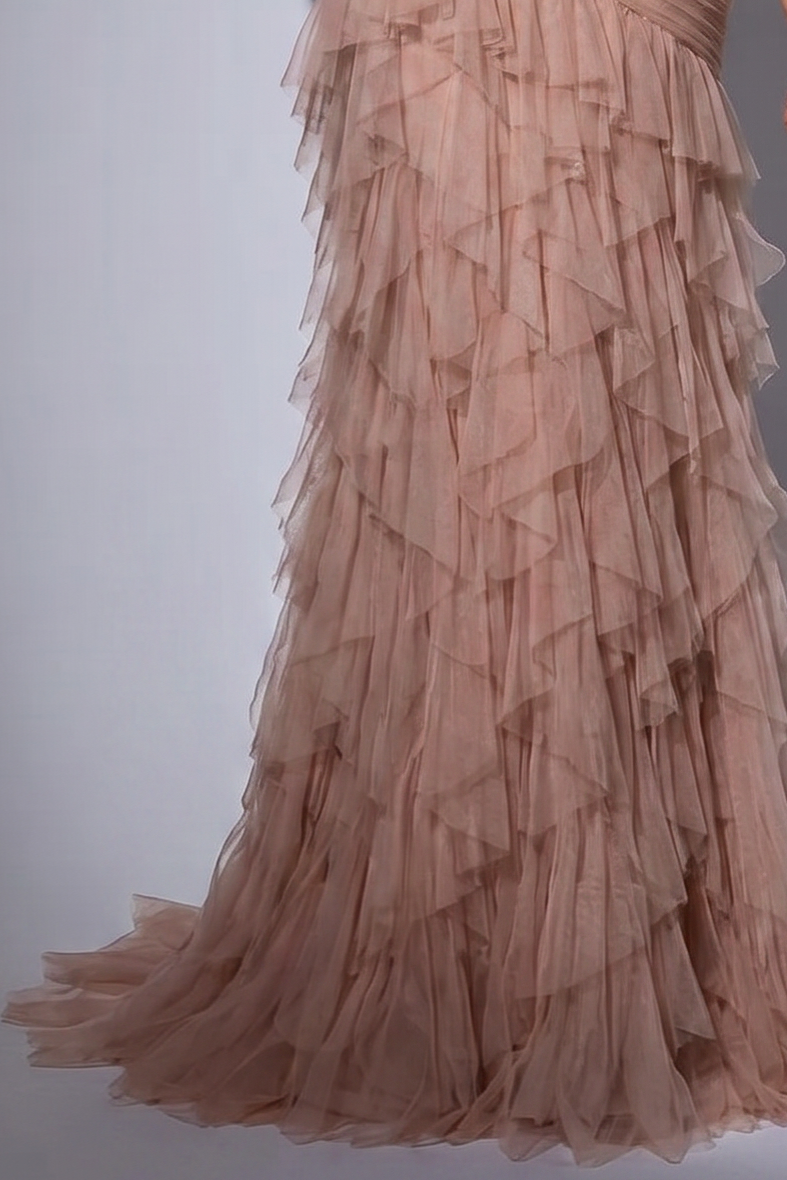 Blush Pink Ruffled Evening Gown with Corset Back - Layered Tulle Ruffle Dress - Sweetheart Neckline Dress Plus Size