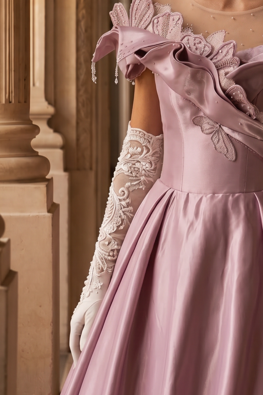 Blush Pink Satin Evening Gown with Leaf Appliqué – Off-Shoulder Evening Dress with Corset Back Plus Size