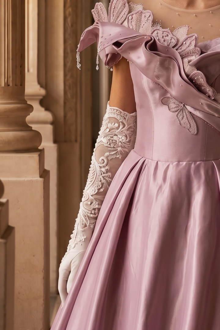 Blush Pink Satin Evening Gown with Leaf Appliqué – Off-Shoulder Evening Dress with Corset Back Plus Size