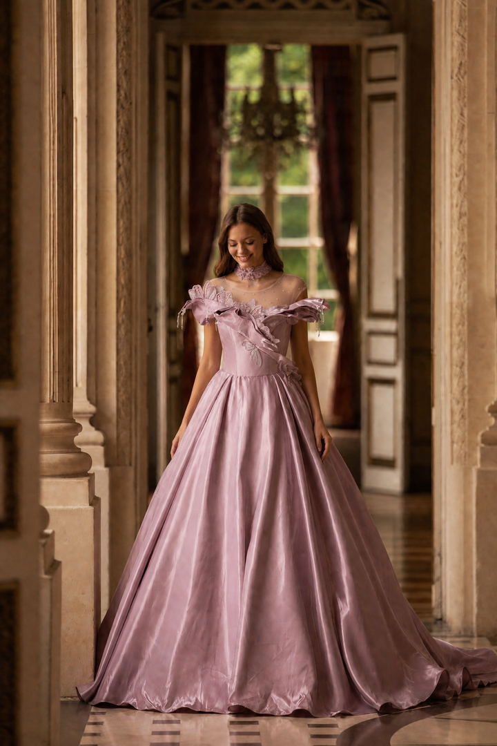 Blush Pink Satin Evening Gown with Leaf Appliqué – Off-Shoulder Evening Dress with Corset Back Plus Size
