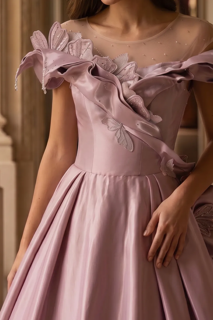 Blush Pink Satin Evening Gown with Leaf Appliqué – Off-Shoulder Evening Dress with Corset Back Plus Size