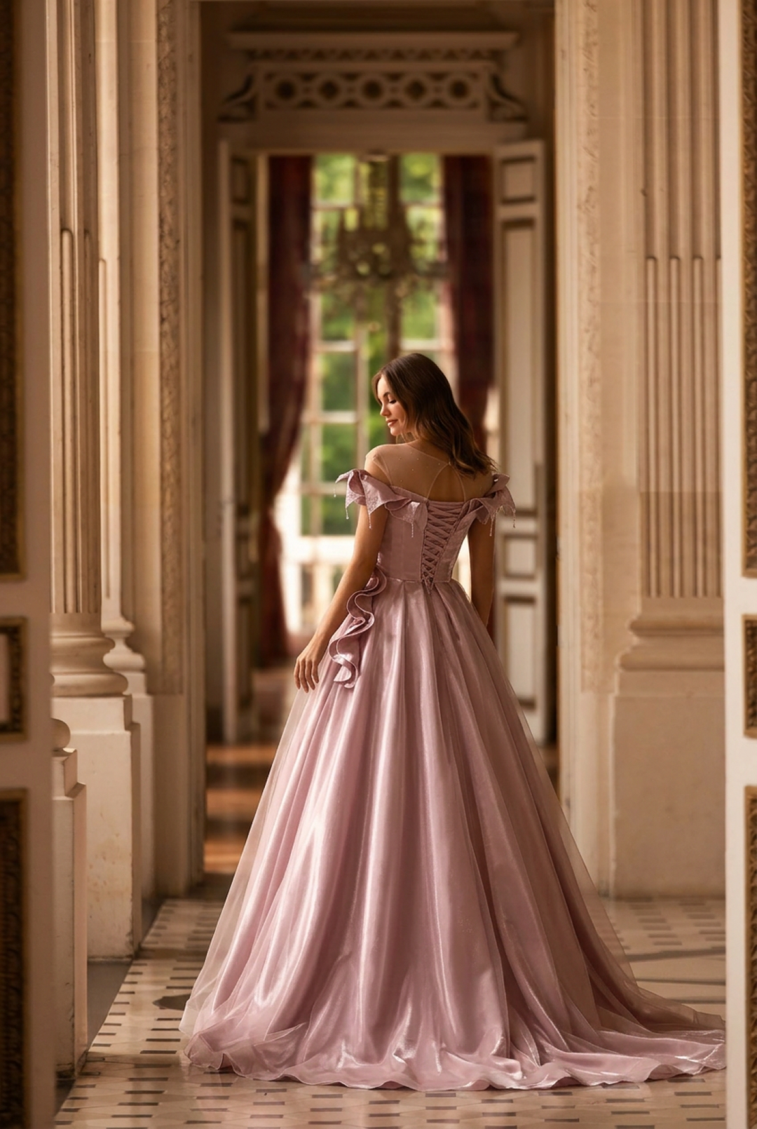 Blush Pink Satin Evening Gown with Leaf Appliqué – Off-Shoulder Evening Dress with Corset Back Plus Size