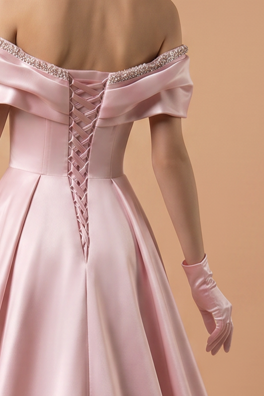 Blush Pink Satin Off-the-Shoulder Princess Ball Gown with Corset Back and Gloves – Luxury Formal Dress Plus Size