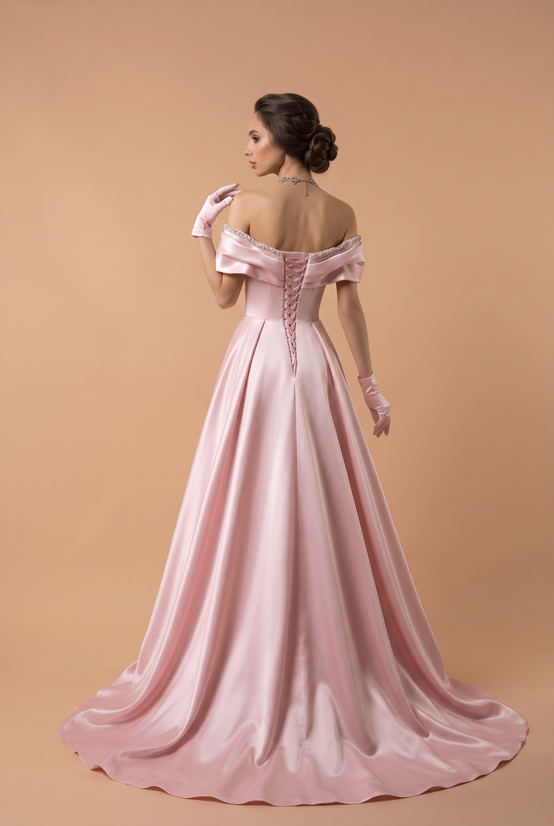 Blush Pink Satin Off-the-Shoulder Princess Ball Gown with Corset Back and Gloves – Luxury Formal Dress Plus Size