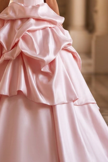 Blush Pink Satin Princess Ball Gown with Sculpted Tiered Skirt Strapless Corset Couture Evening Dress Romantic Formal Gown Plus Size