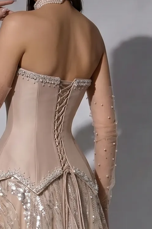 Blush Pink Strapless Corset Ball Gown with Hand-Beaded Embroidery and Lace-Up Back – Luxury Evening Dress Plus Size
