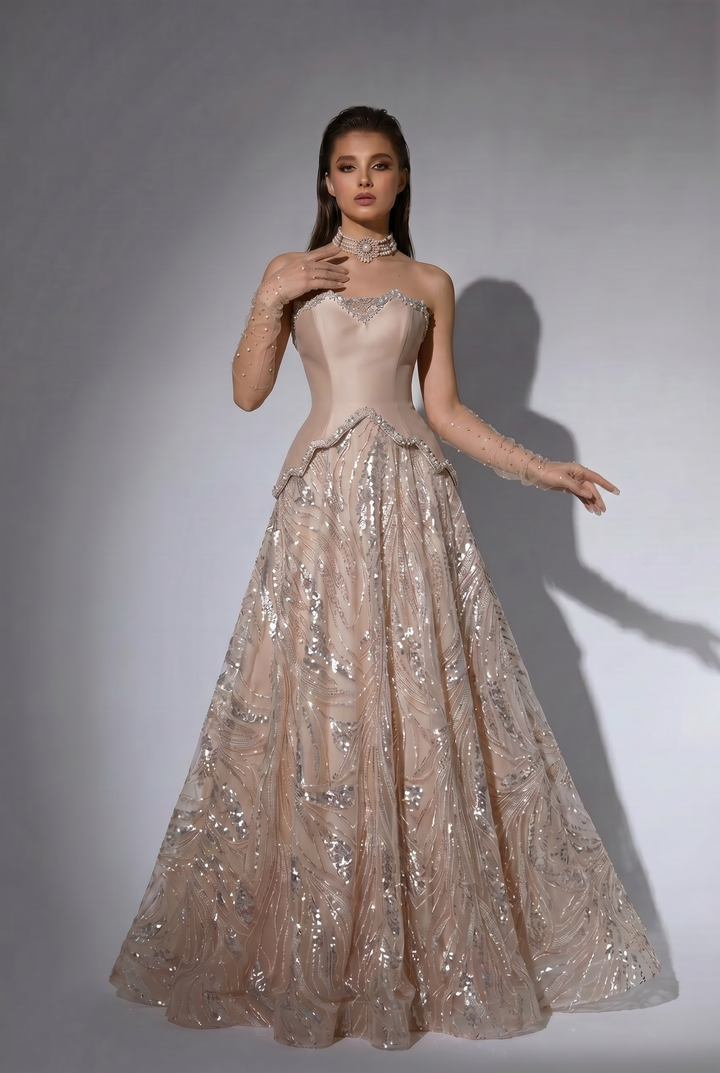 Blush Pink Strapless Corset Ball Gown with Hand-Beaded Embroidery and Lace-Up Back – Luxury Evening Dress Plus Size
