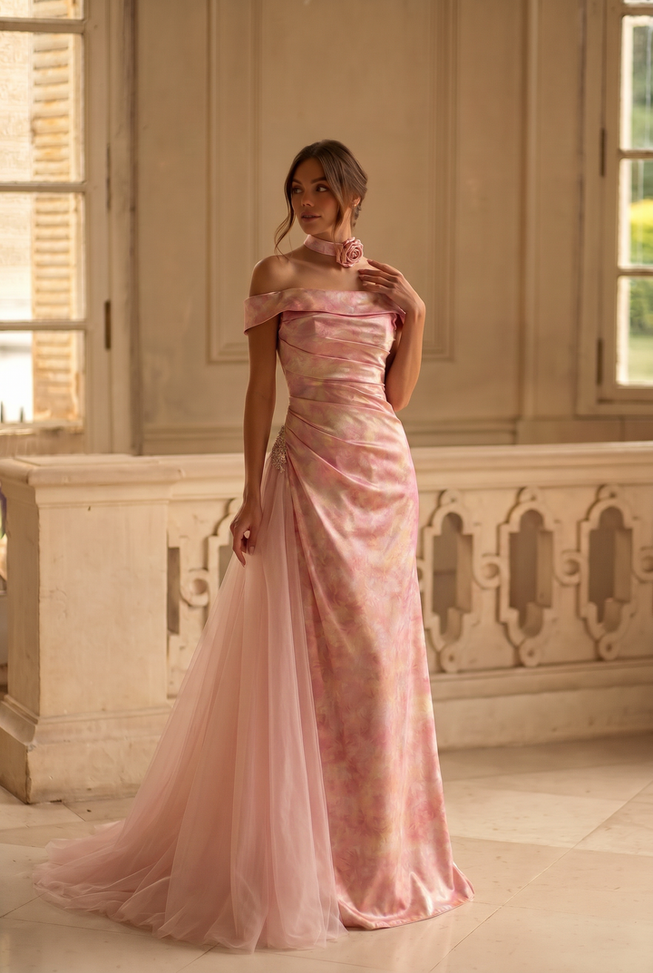 Blush Pink Velvet Evening Gown with Draped Off Shoulder Neckline and Soft Tulle Train Romantic Couture Formal Dress Plus Size