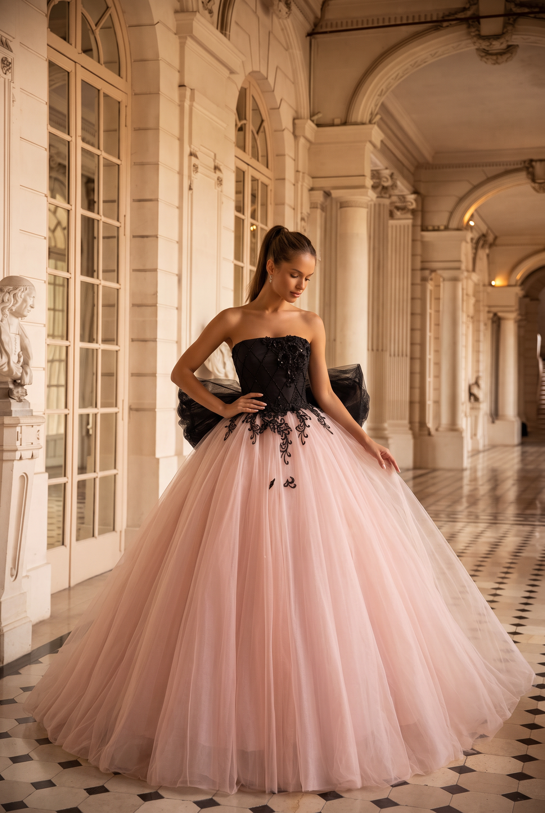 Blush Pink and Black Tulle Evening Gown - Floral Embroidered Corset Back Wedding Dress Plus Size