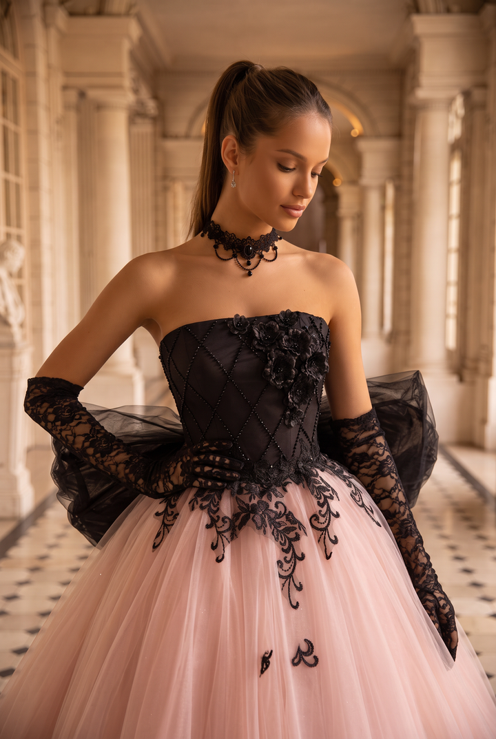 Blush Pink and Black Tulle Evening Gown - Floral Embroidered Corset Back Wedding Dress Plus Size