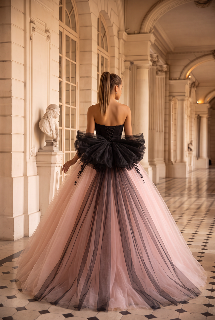 Blush Pink and Black Tulle Evening Gown - Floral Embroidered Corset Back Wedding Dress Plus Size