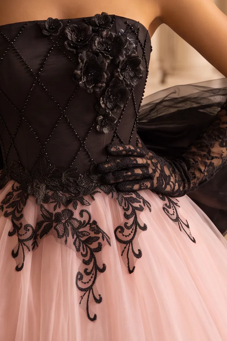Blush Pink and Black Tulle Evening Gown - Floral Embroidered Corset Back Wedding Dress Plus Size