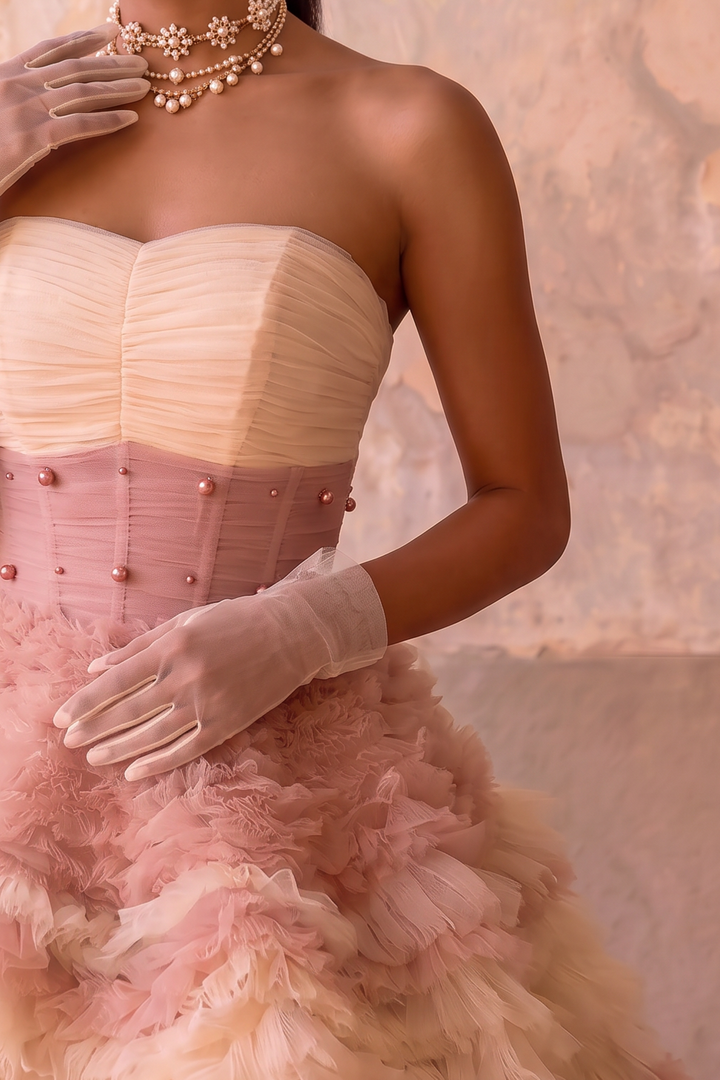 Blush Pink and Cream Tulle Party Dress with Beaded - Floral Embroidered Corset Back Wedding Dress Plus Size