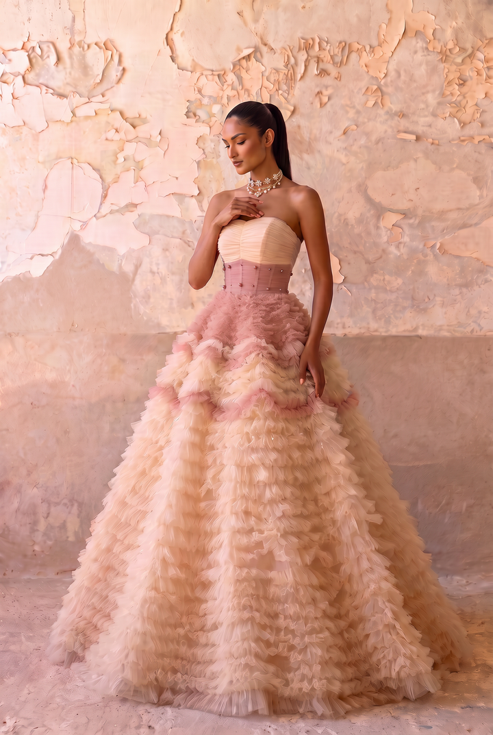 Blush Pink and Cream Tulle Party Dress with Beaded - Floral Embroidered Corset Back Wedding Dress Plus Size