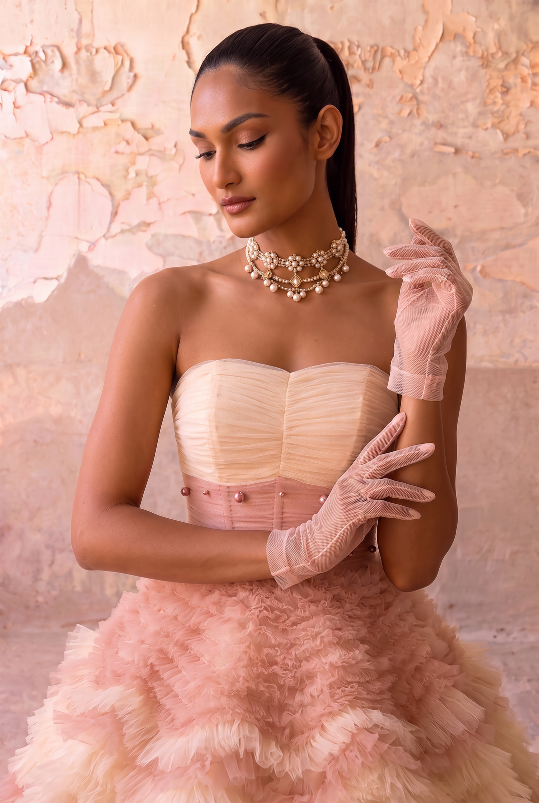 Blush Pink and Cream Tulle Party Dress with Beaded - Floral Embroidered Corset Back Wedding Dress Plus Size