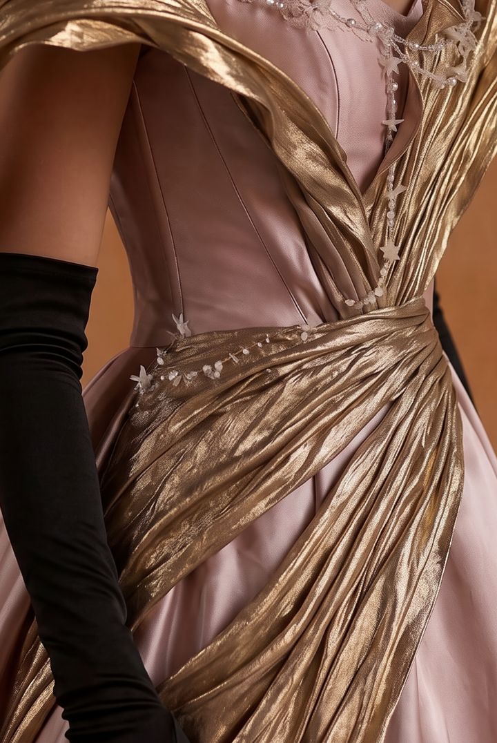 Abendkleid in Zartrosa und Gold – Brautkleid mit Korsettrücken und dramatischen Ärmeln in Übergröße
