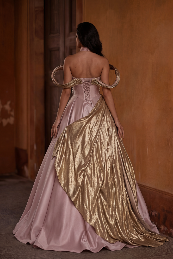 Blush Pink and Gold Evening Dress - Corset Back Wedding Gown with Dram WonderlandByLilian Blush Pink and Gold Evening Dress - Corset Back Wedding Gown with Dram WonderlandByLilian