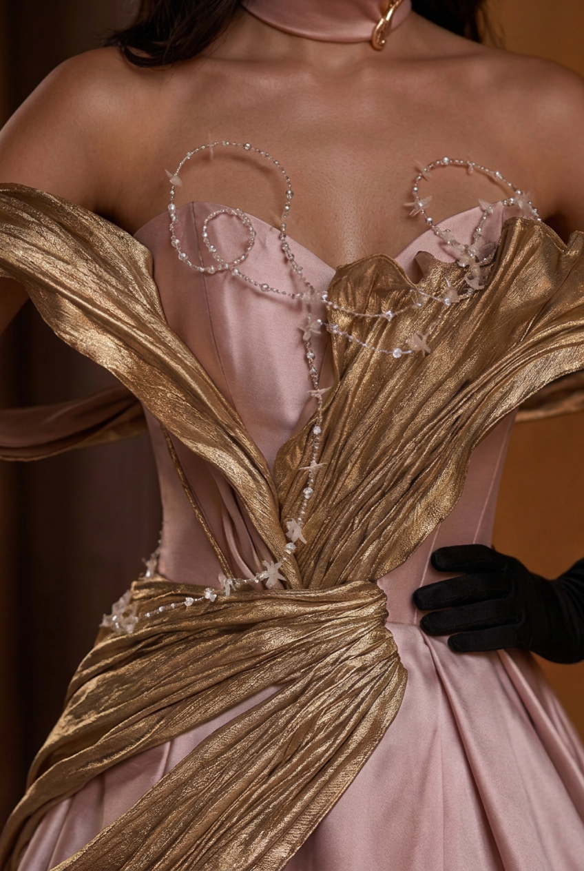 Abendkleid in Zartrosa und Gold – Brautkleid mit Korsettrücken und dramatischen Ärmeln in Übergröße