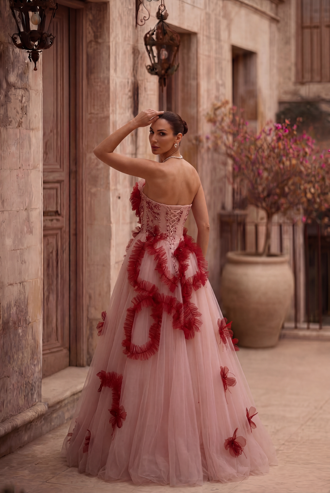 Pink & Red Floral Corset Tulle Dress Pink & Red Floral Corset Tulle Dress