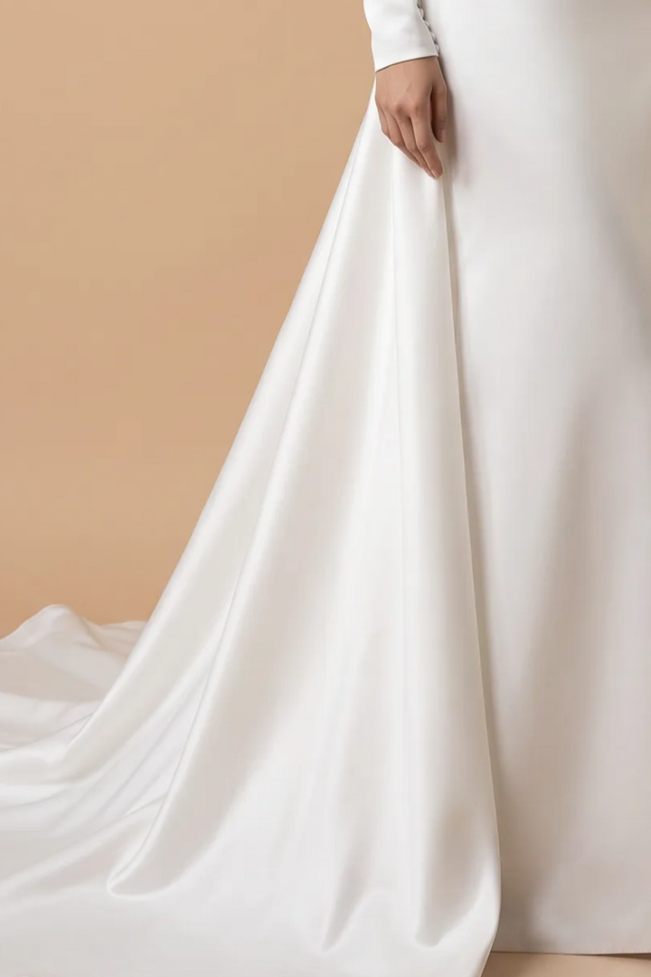 Boho Style Off Shoulder Satin Backless Wedding Dress With Long Sleeves -Simple Bridal Dress  Plus Size