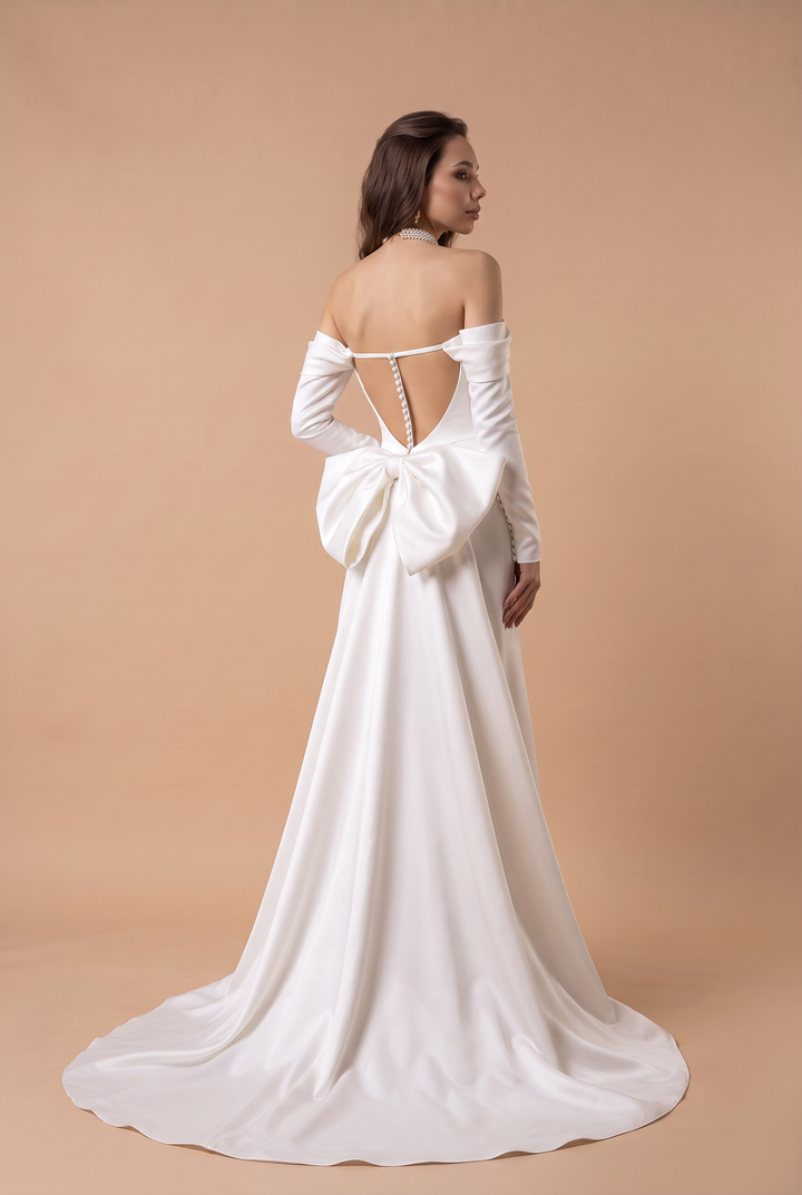 Boho Style Off Shoulder Satin Backless Wedding Dress With Long Sleeves -Simple Bridal Dress  Plus Size