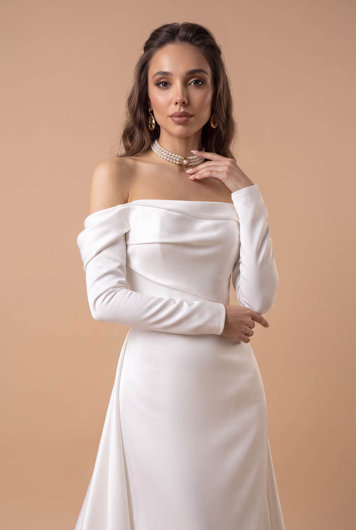Boho Style Off Shoulder Satin Backless Wedding Dress With Long Sleeves -Simple Bridal Dress  Plus Size
