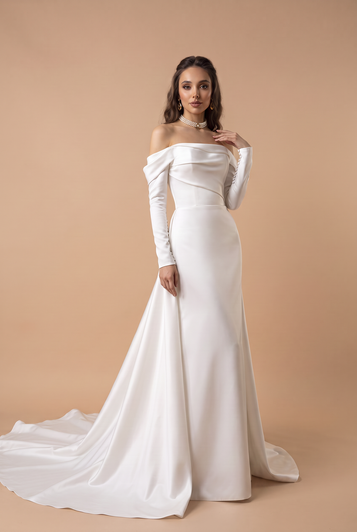 Boho Style Off Shoulder Satin Backless Wedding Dress With Long Sleeves -Simple Bridal Dress  Plus Size