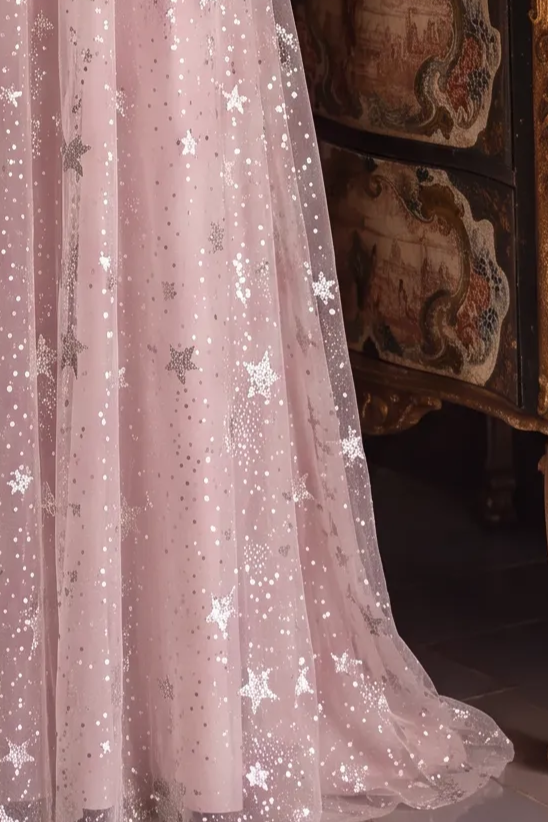 Bridgerton Daphne Pink Dress With Star Sequins - Regency Era Pink Satin Dress Plus Size