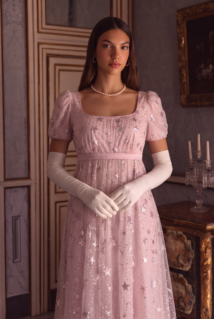 Bridgerton Daphne Pink Dress With Star Sequins - Regency Era Pink Satin Dress Plus Size