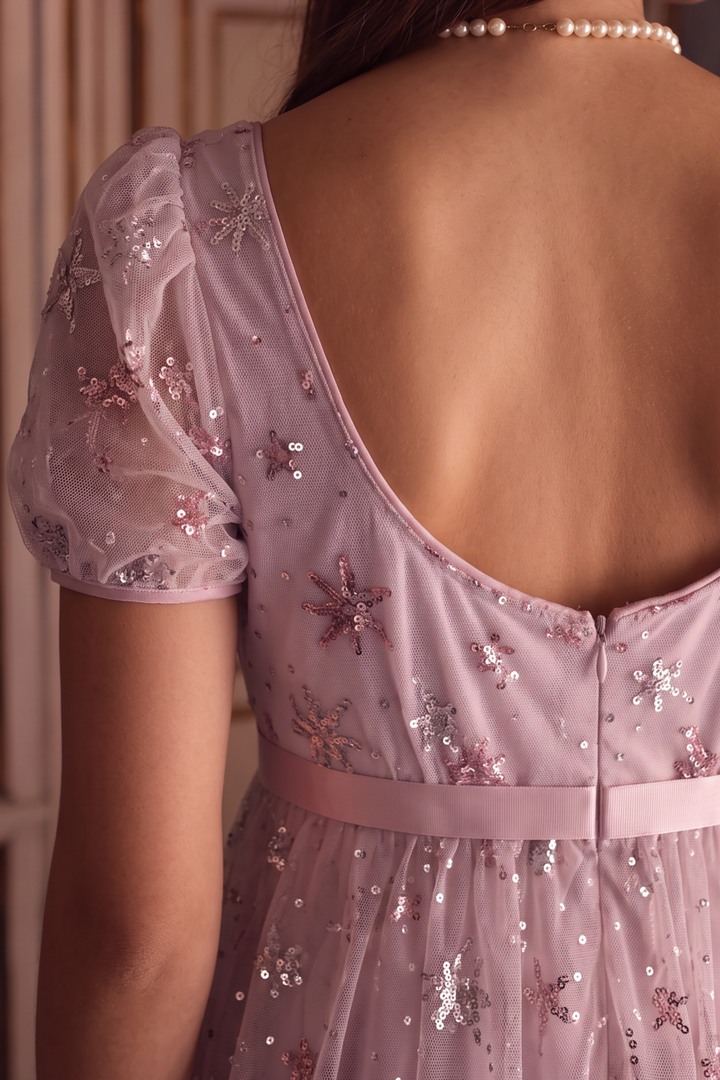 Bridgerton Daphne Pink Dress With Star Sequins - Regency Era Pink Satin Dress Plus Size