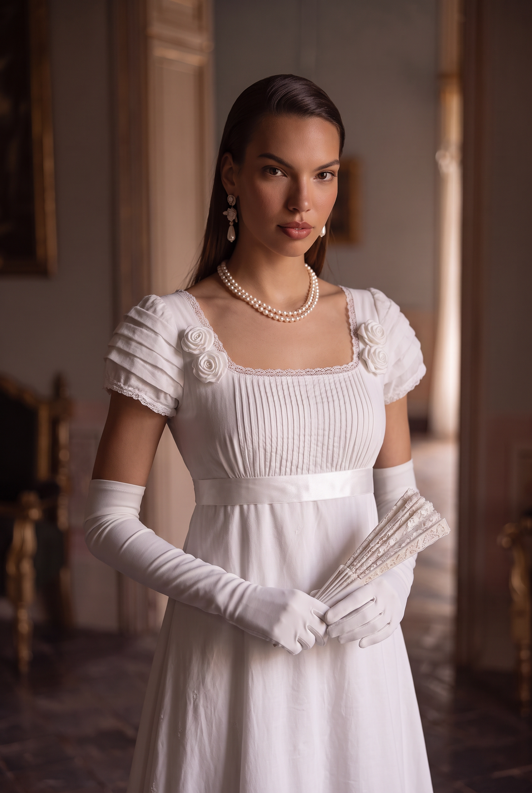 Bridgerton Inspired White Regency Era Dress with Lace - Custom Made Regency Dress with Bow Plus Size