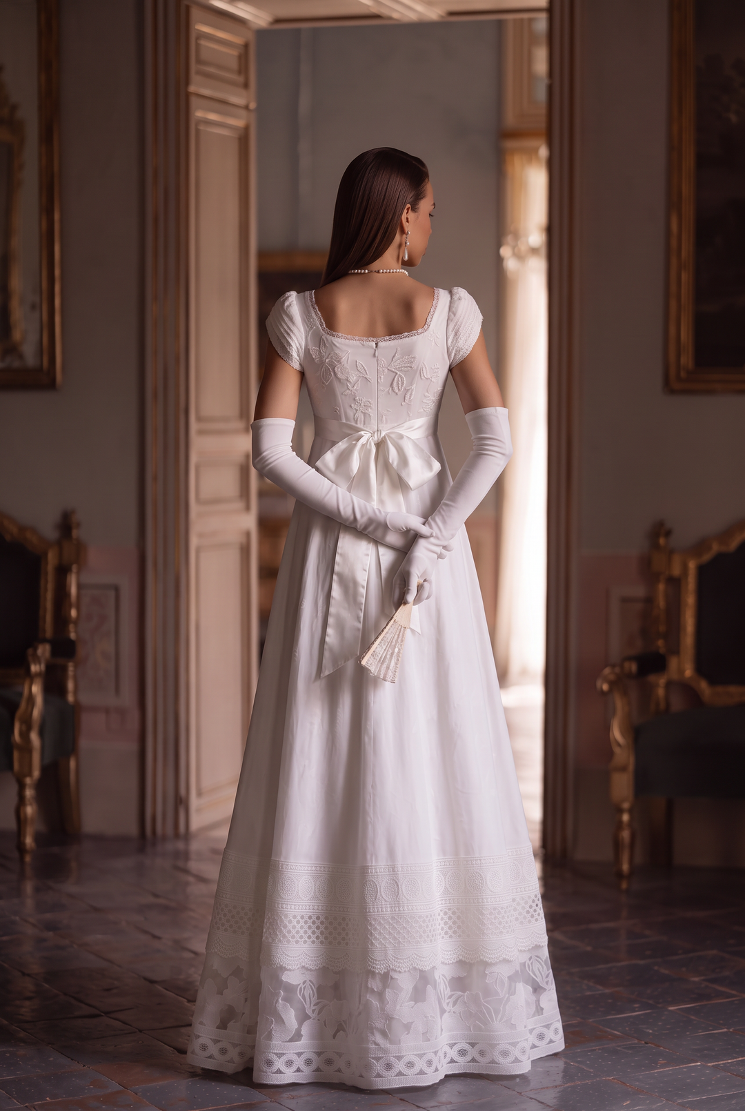 Bridgerton Inspired White Regency Era Dress with Lace - Custom Made Regency Dress with Bow Plus Size