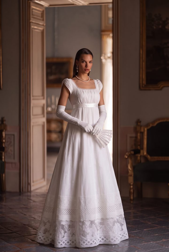 Bridgerton Inspired White Regency Era Dress with Lace - Custom Made Regency Dress with Bow Plus Size