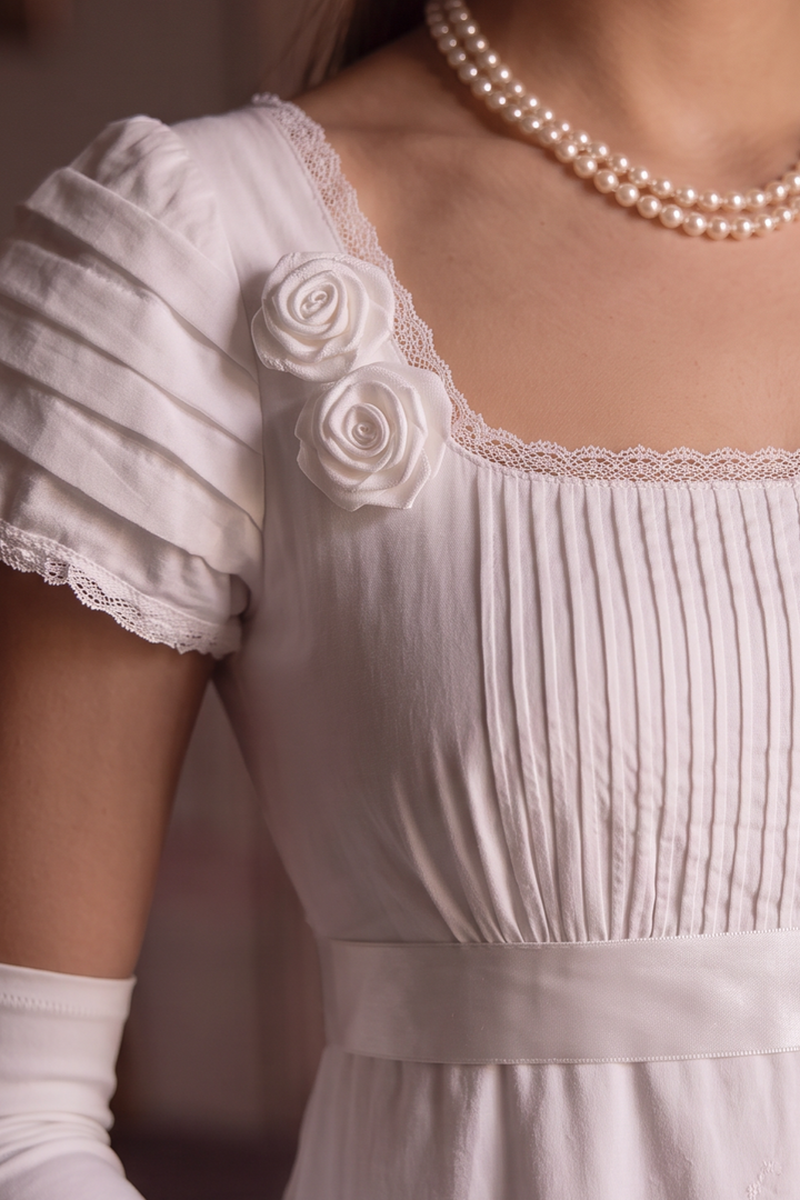 Bridgerton Inspired White Regency Era Dress with Lace - Custom Made Regency Dress with Bow Plus Size