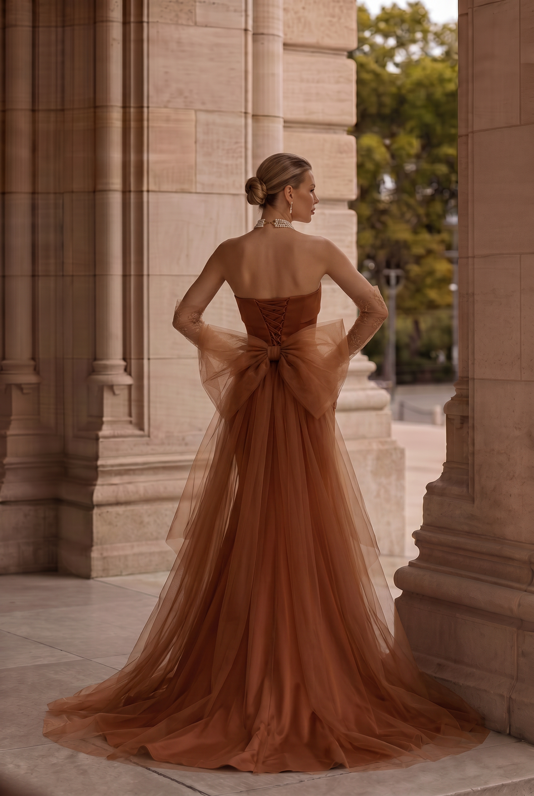 Brown Red Satin Mermaid Prom Dress With Gauze - Evening Gown Plus Size