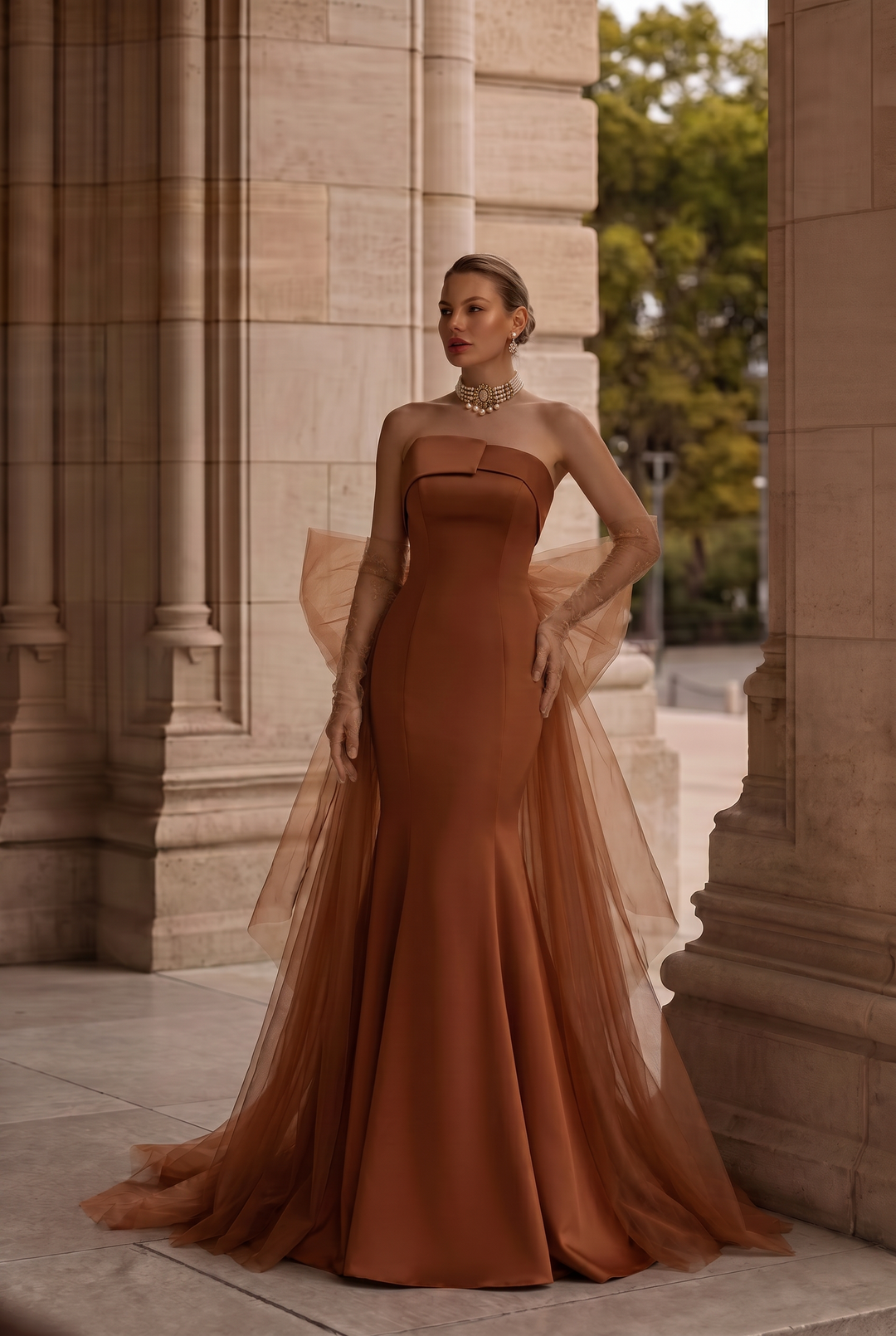 Brown Red Satin Mermaid Prom Dress With Gauze - Evening Gown Plus Size