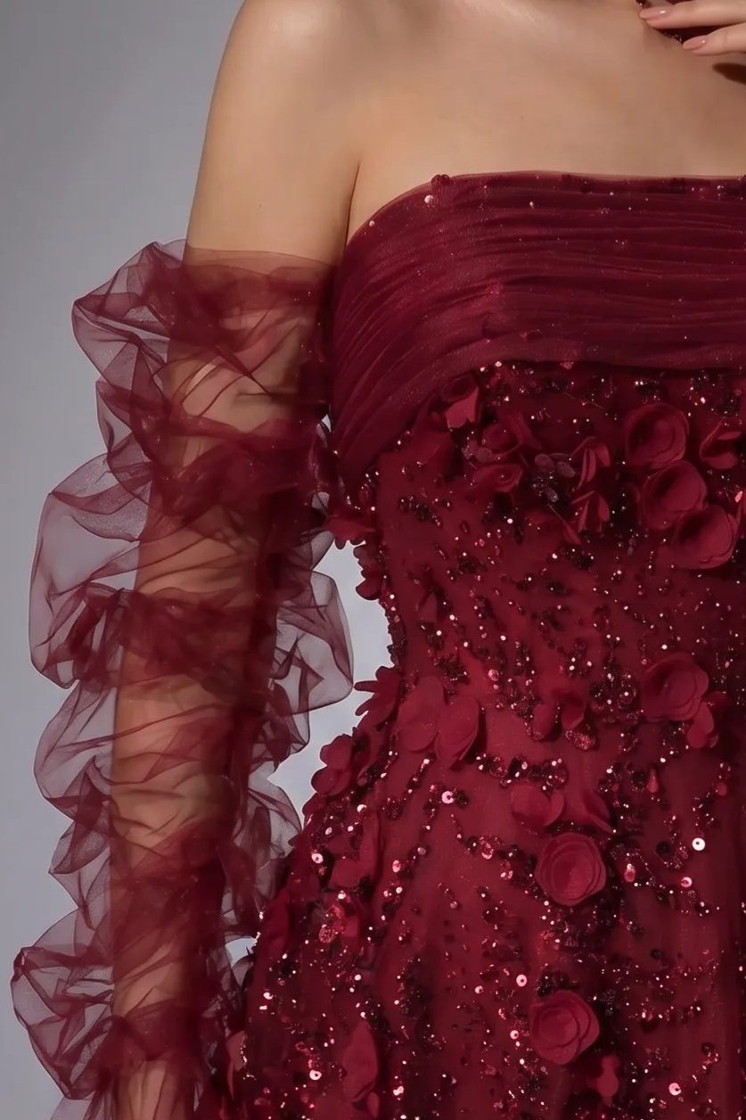 Burgundy A-Line Evening Gown with Strapless Neckline, 3D Floral Appliqués and Detachable Ruffle Sleeves – Formal Dress Plus Size