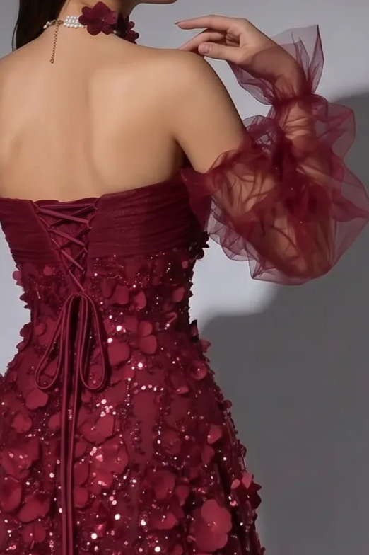 Burgundy A-Line Evening Gown with Strapless Neckline, 3D Floral Appliqués and Detachable Ruffle Sleeves – Formal Dress Plus Size