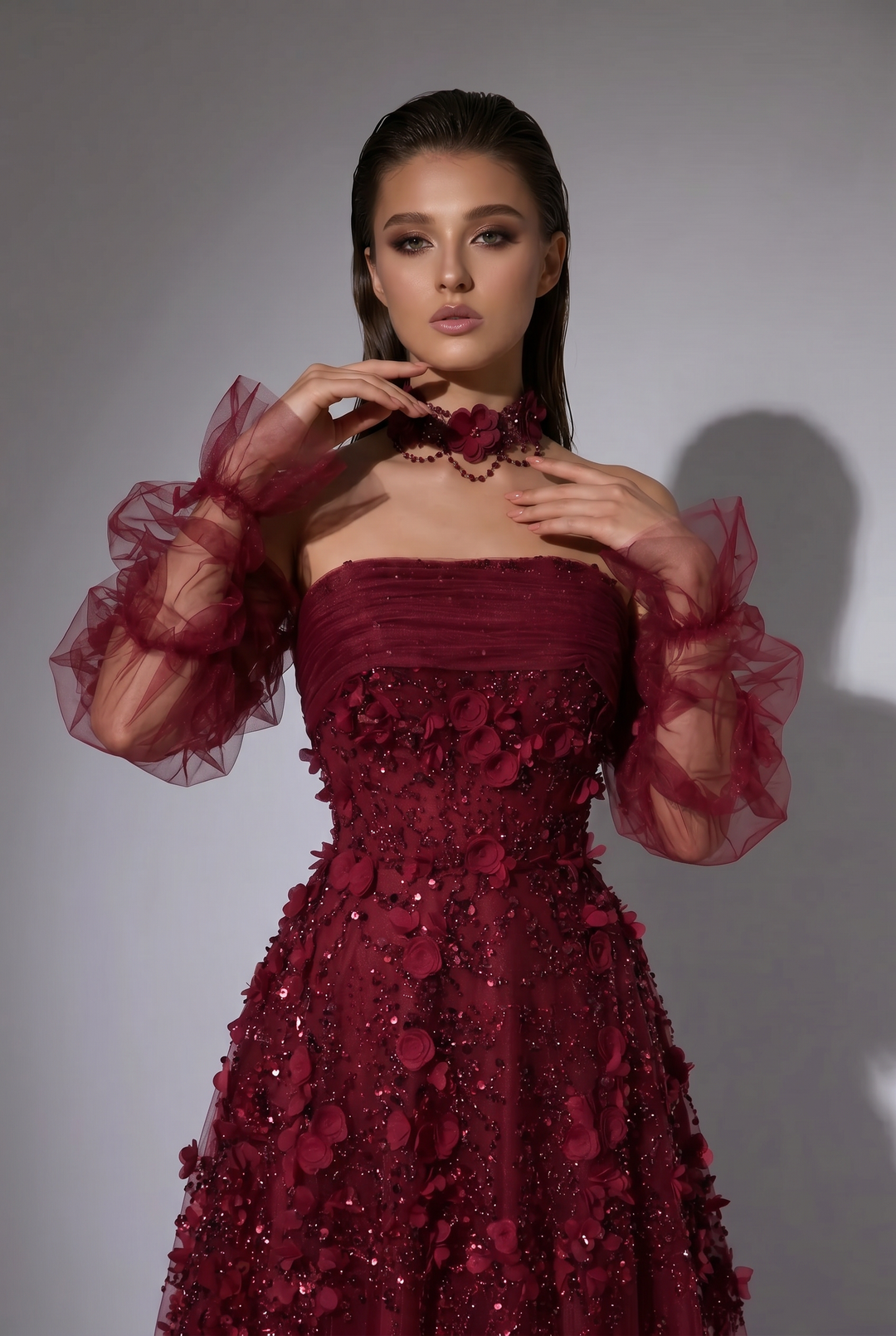 Burgundy A-Line Evening Gown with Strapless Neckline, 3D Floral Appliqués and Detachable Ruffle Sleeves – Formal Dress Plus Size