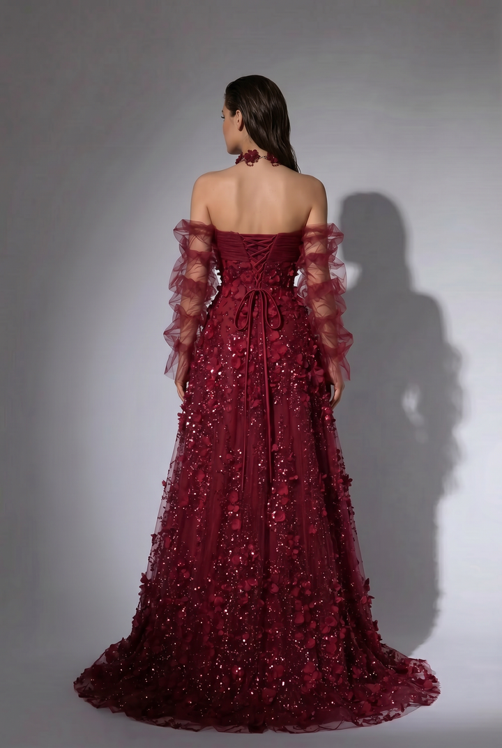 Burgundy A-Line Evening Gown with Strapless Neckline, 3D Floral Appliqués and Detachable Ruffle Sleeves – Formal Dress Plus Size