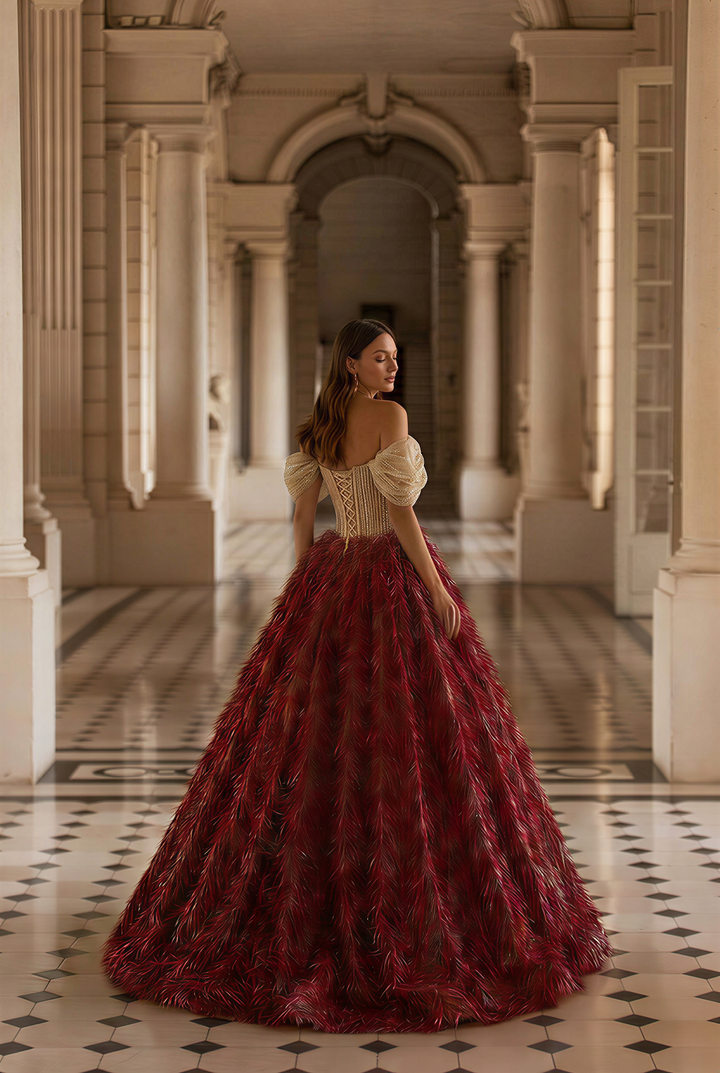 Burgundy Feathered Ball Gown with Crystal Corset Bodice and Draped Off Shoulder Sleeves Luxury Regal Evening Dress Couture Formal Gown Plus Size